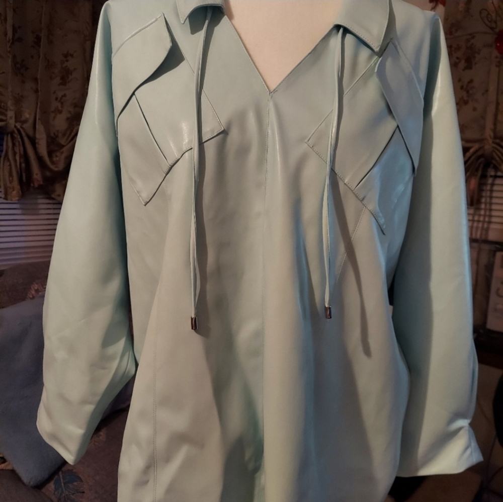 NWT Alfani Vegan Leather Top with Ties And Collar5
